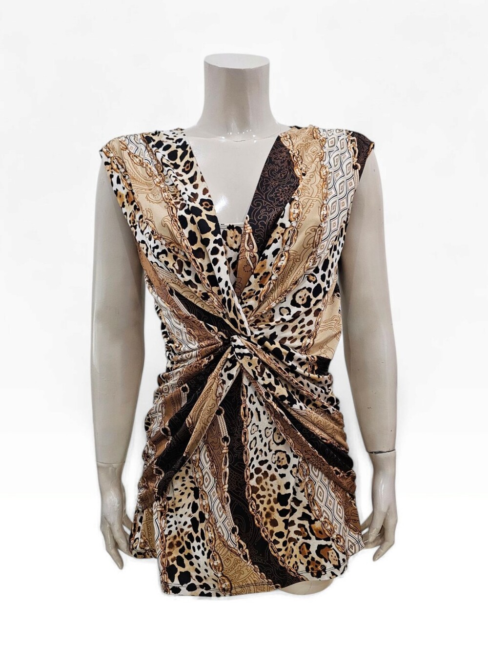 CACHE Vintage Leopard Gold Chain Twisted Front Jersey Knit Sleeveless Top L